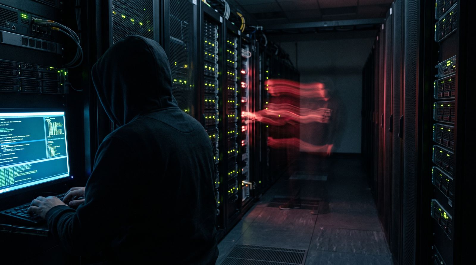 Silhouetted security engineer at a terminal watching red light trails move through a dark server room