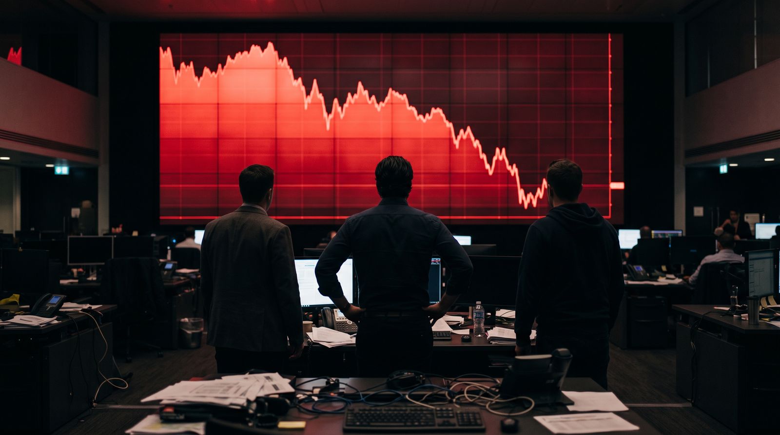 Traders silhouetted against a wall of screens showing a plunging red chart