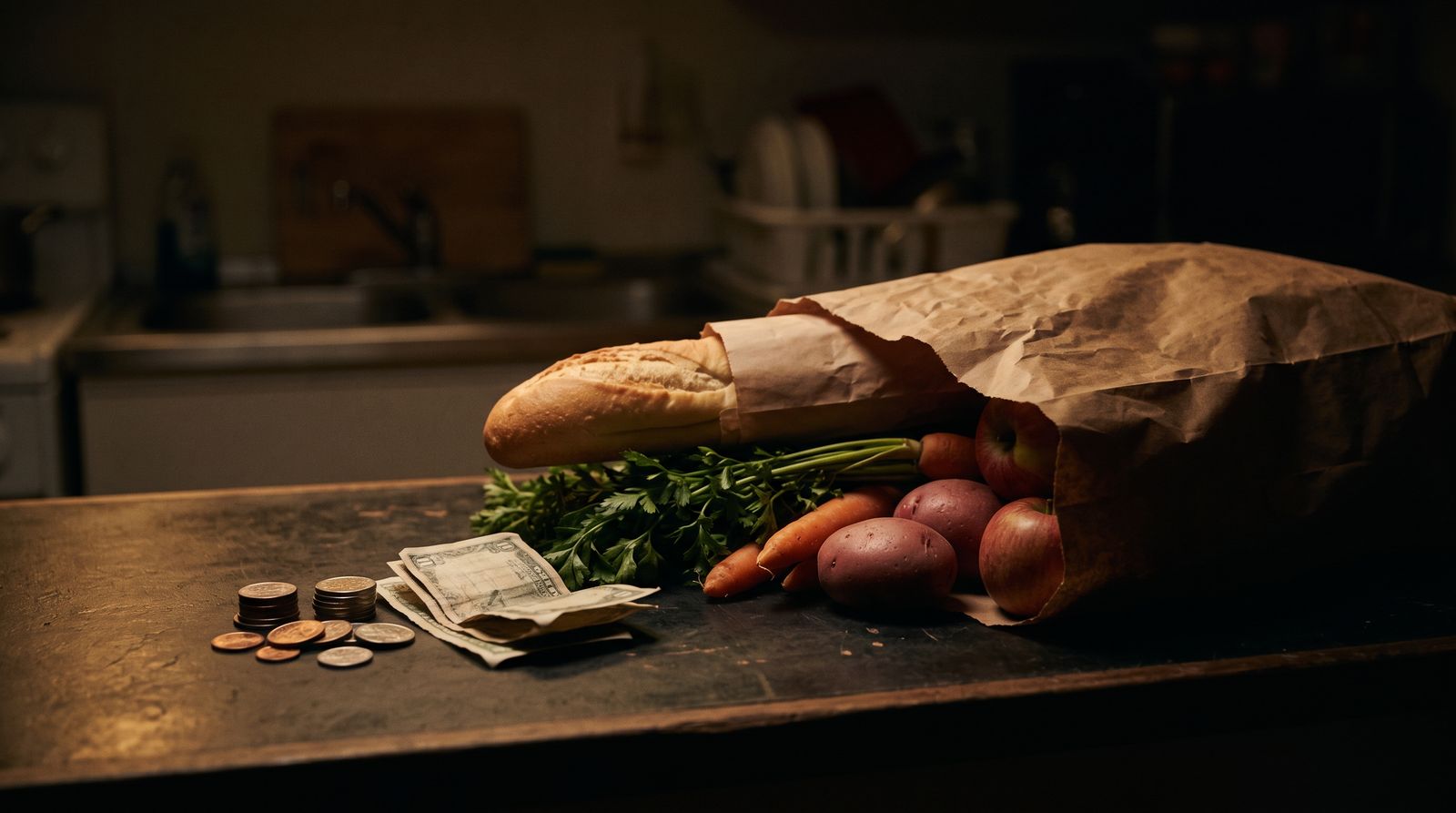 A stack of coins and banknotes beside a paper grocery bag on a dark counter under dramatic light