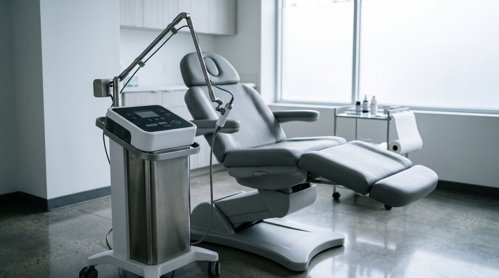 An empty modern medical aesthetics clinic treatment room with a radiofrequency skincare device beside a reclining chair
