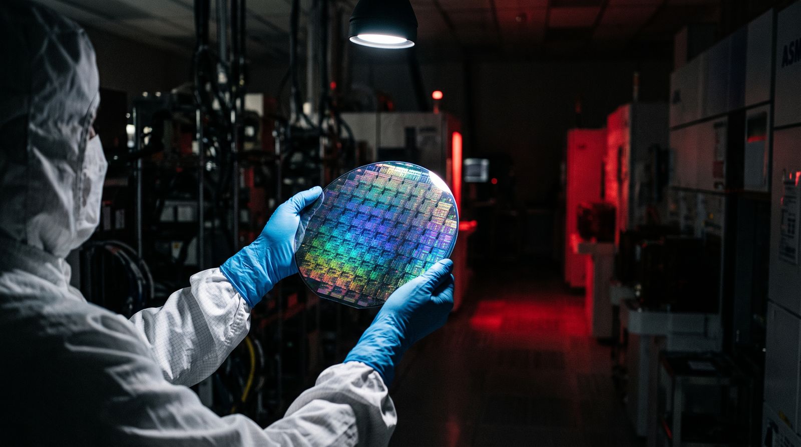 Technician holding a silicon wafer in a chip fabrication cleanroom