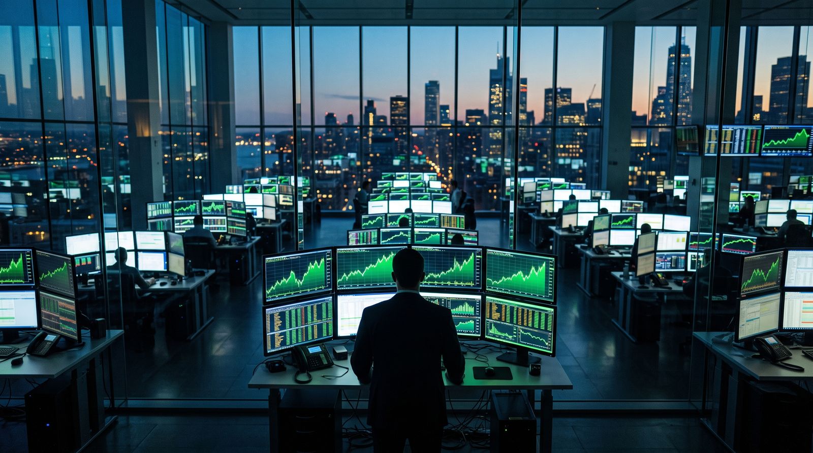 Modern electronic trading floor with glowing green market charts at dusk