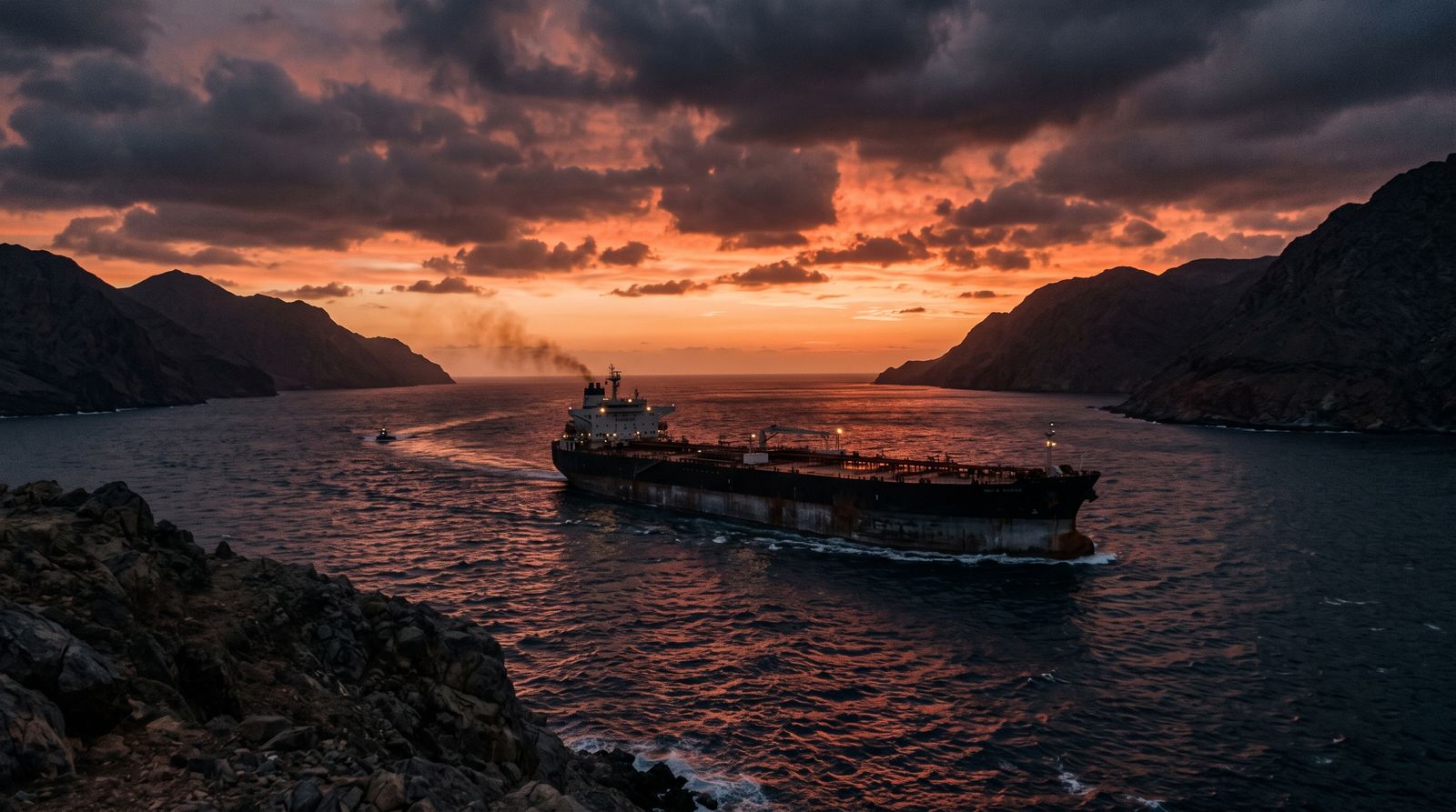 An oil tanker moving through a narrow strait at dusk under a deep red sky