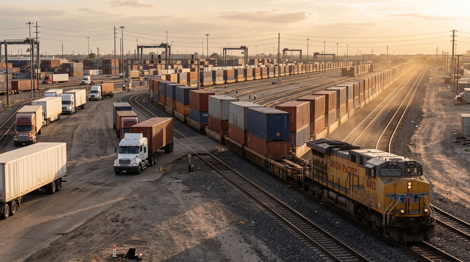 Double-stack intermodal container train in a freight rail yard at golden hour