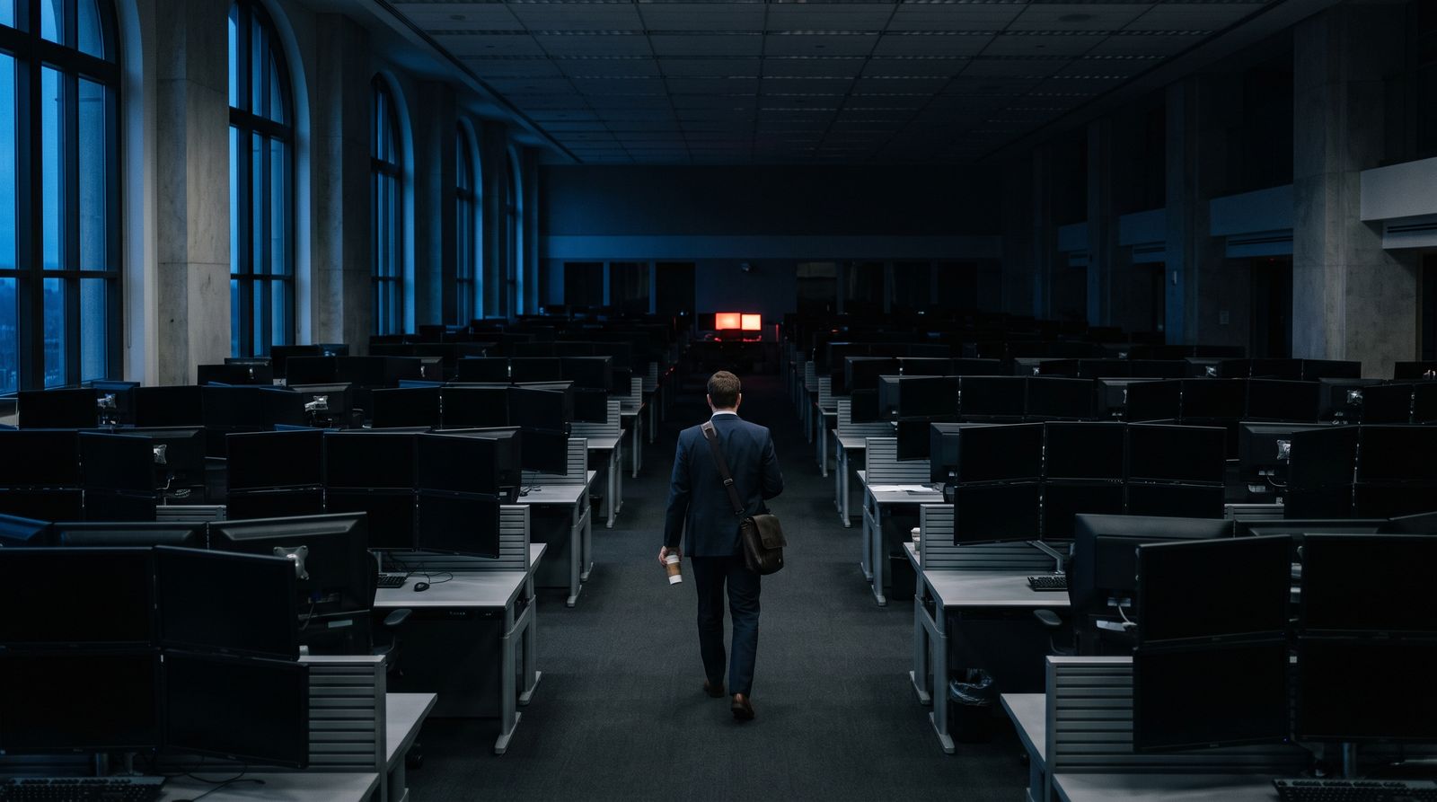 Empty trading floor at dawn with one glowing workstation as a lone trader walks in