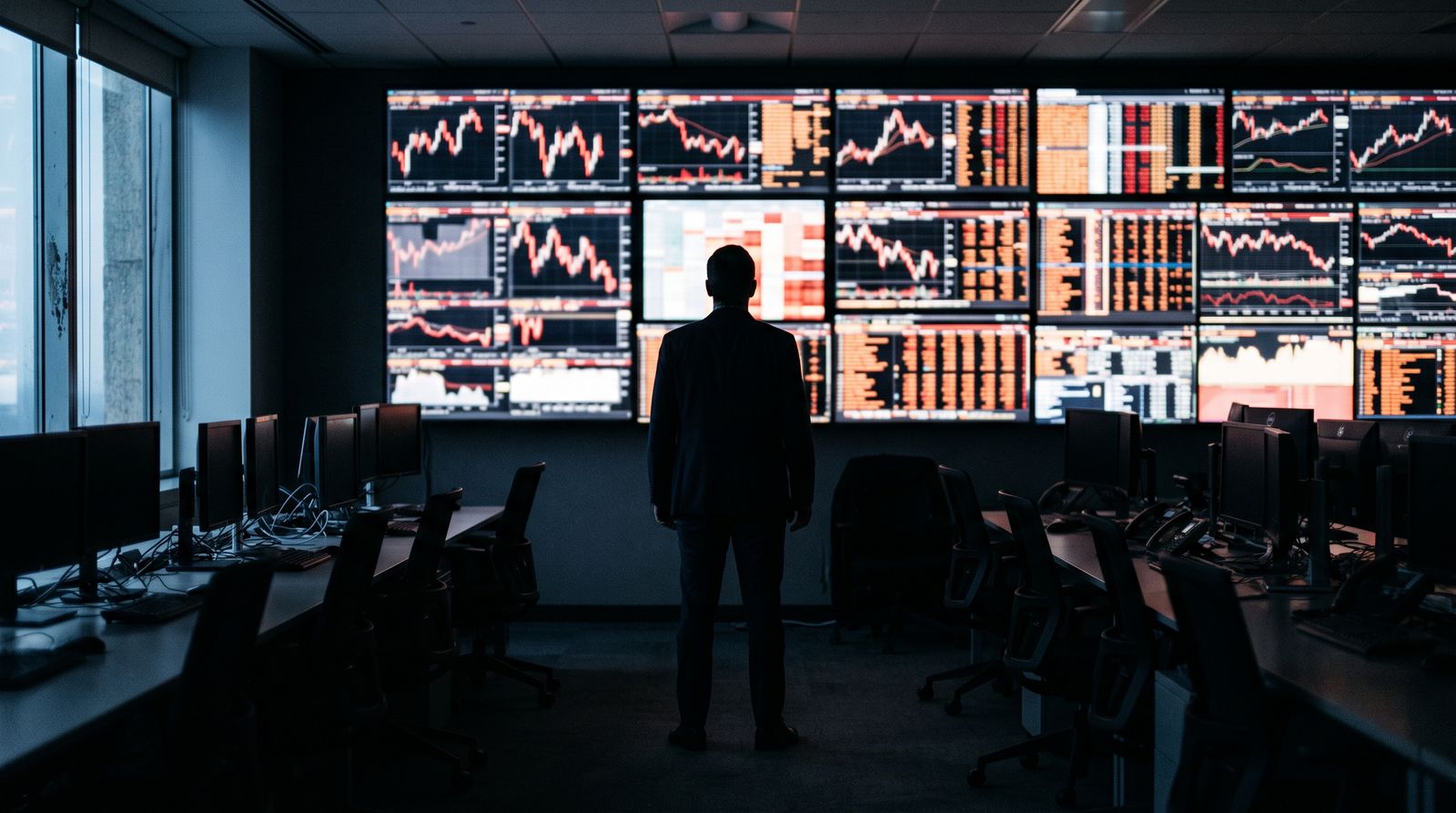 An analyst stands alone before a wall of glowing market screens in a darkened office at dawn