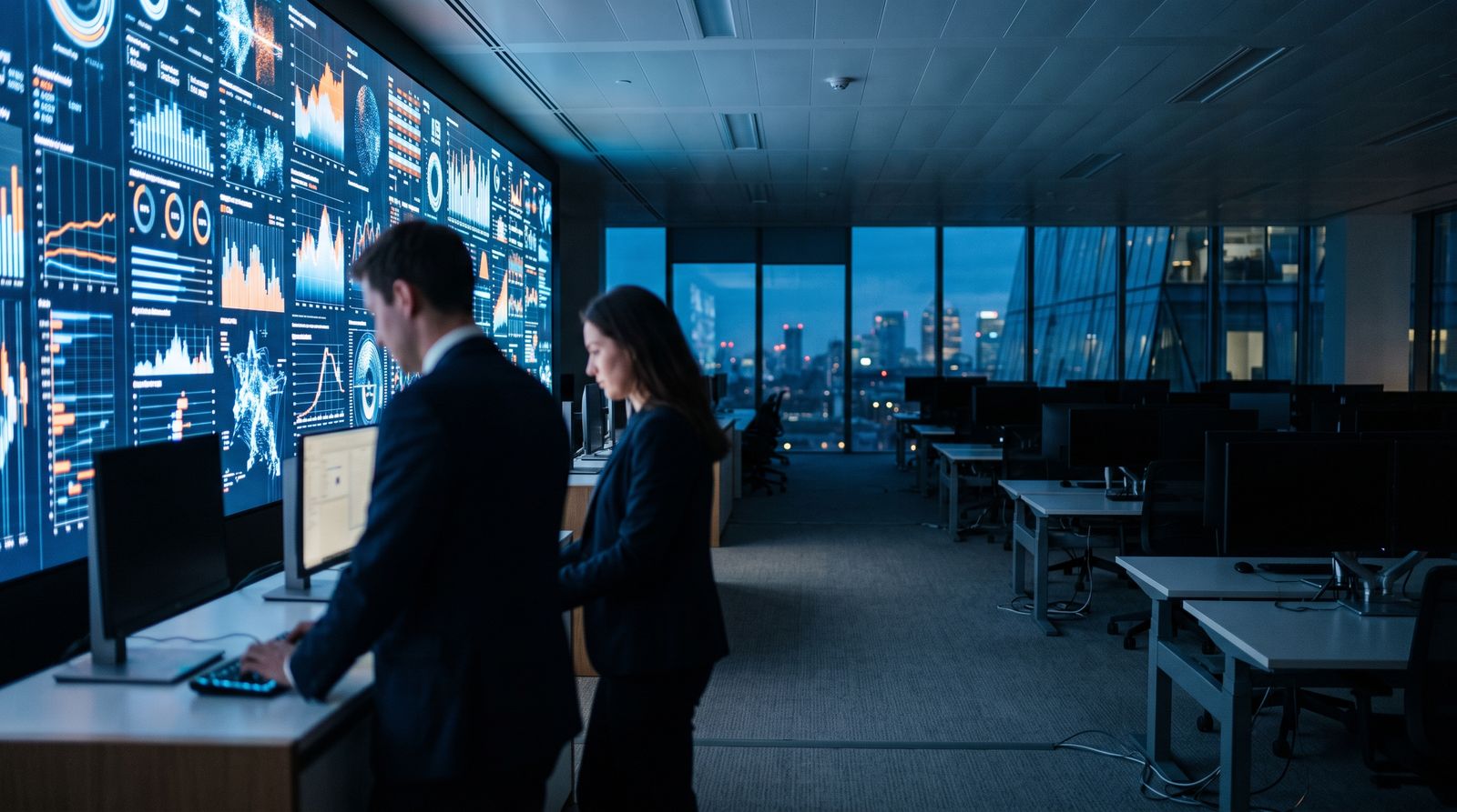 Nearly empty bank office floor at dusk with two anonymous employees beside a glowing data wall