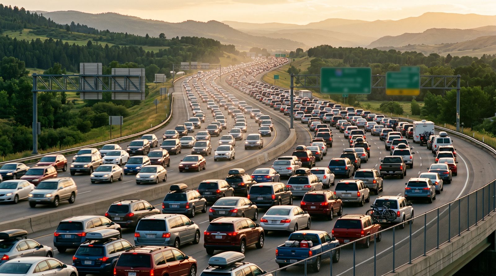 Holiday traffic packed on an American interstate at golden hour