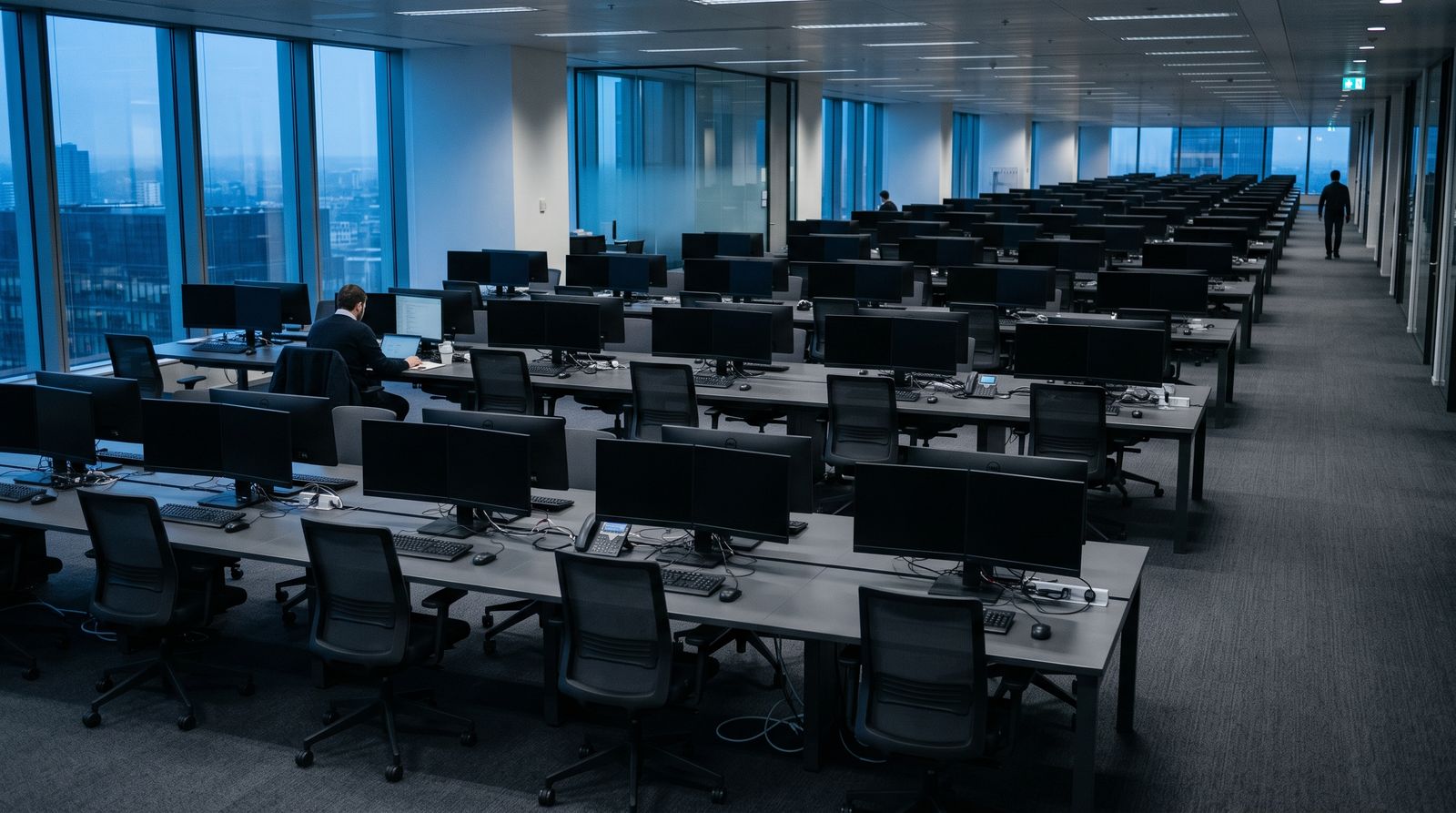 Rows of empty desks in a large office at dawn with a few distant workers