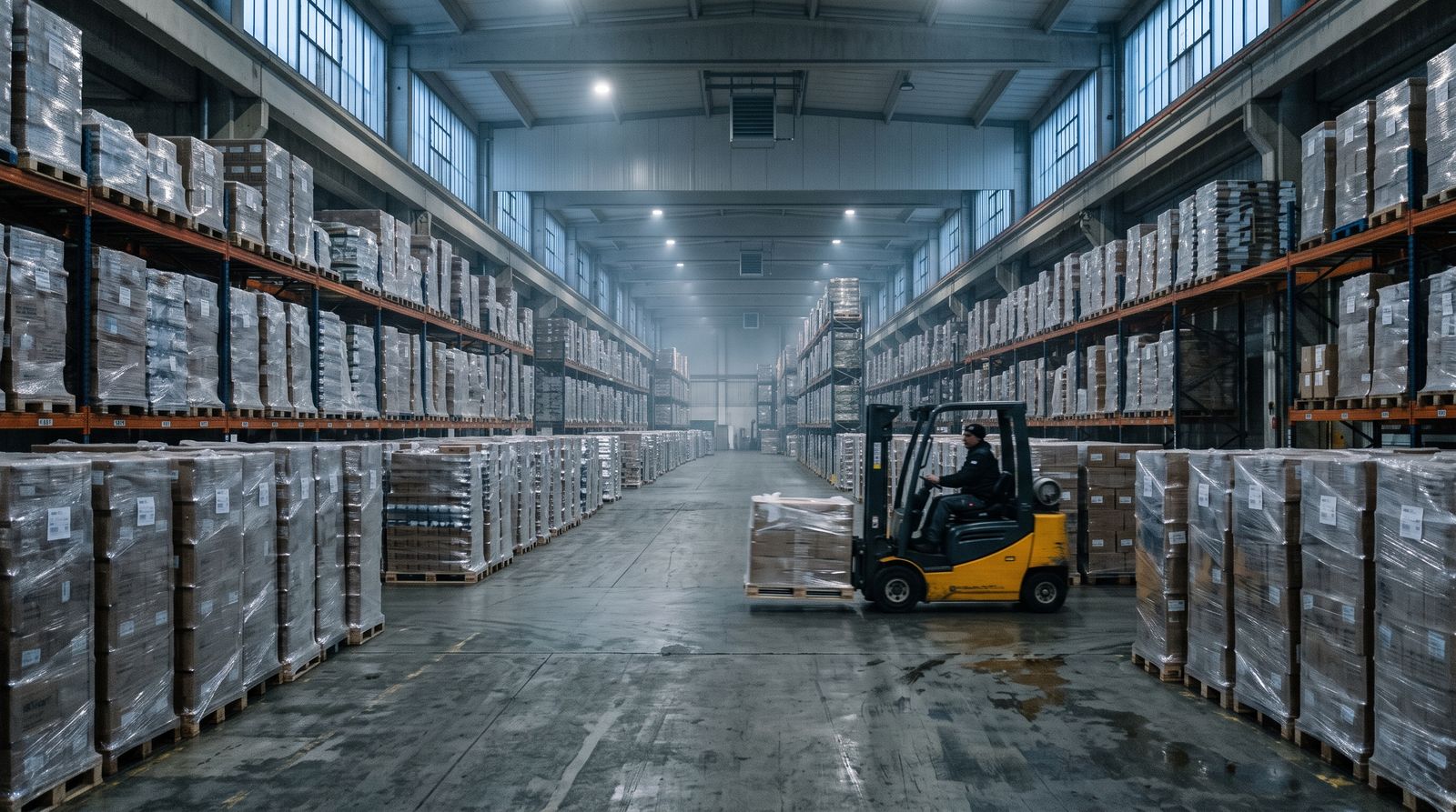 Rows of wrapped freight pallets in a wholesale distribution warehouse at dawn