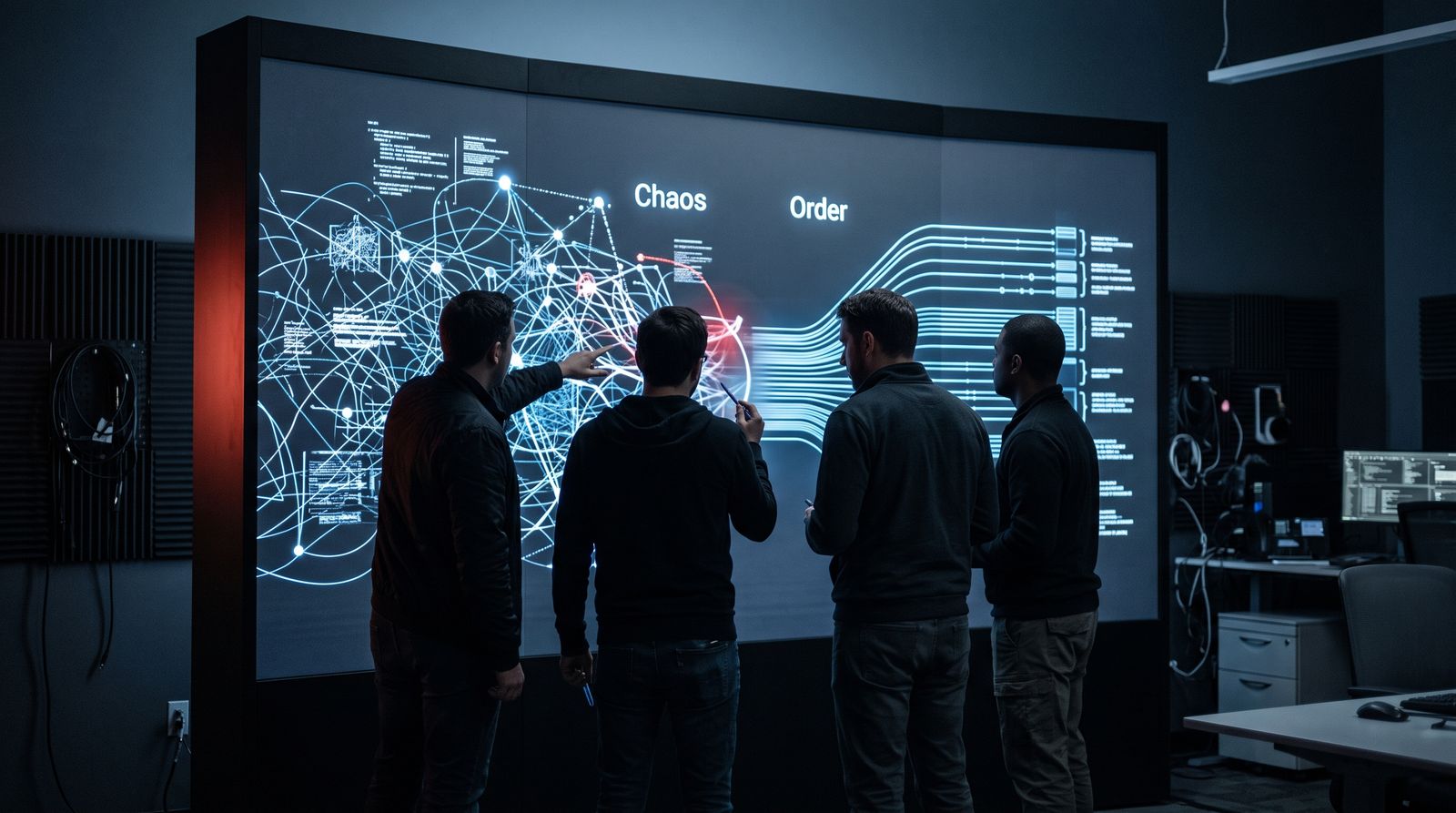 Engineers study a wall diagram of tangled systems resolving into orderly lines