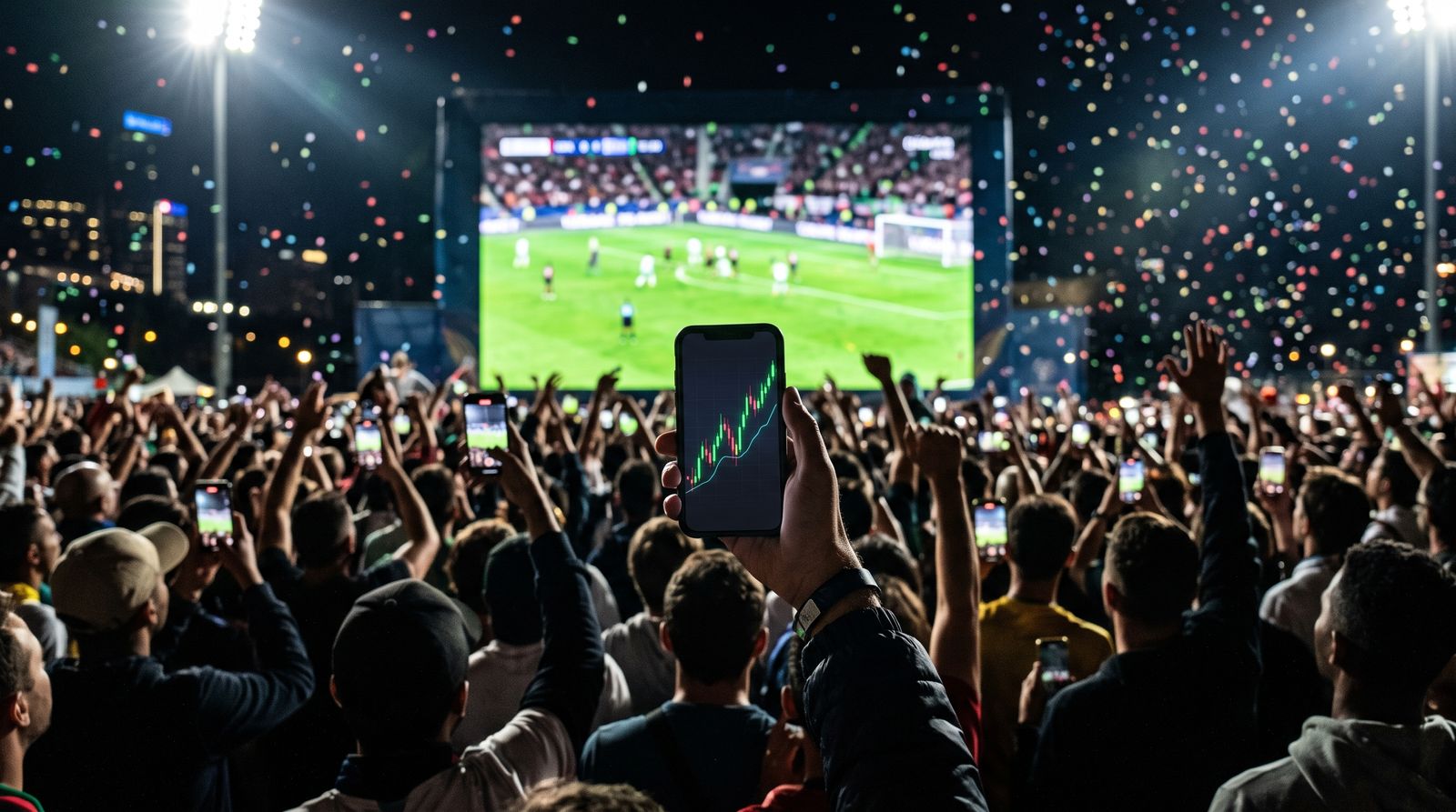 Crowd watching a soccer final on a giant screen while a phone shows a trading chart