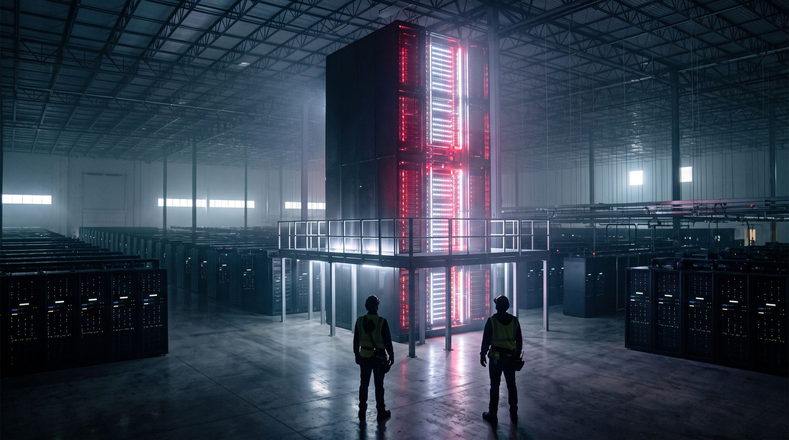 A towering server structure dwarfing rows of smaller racks in a data center