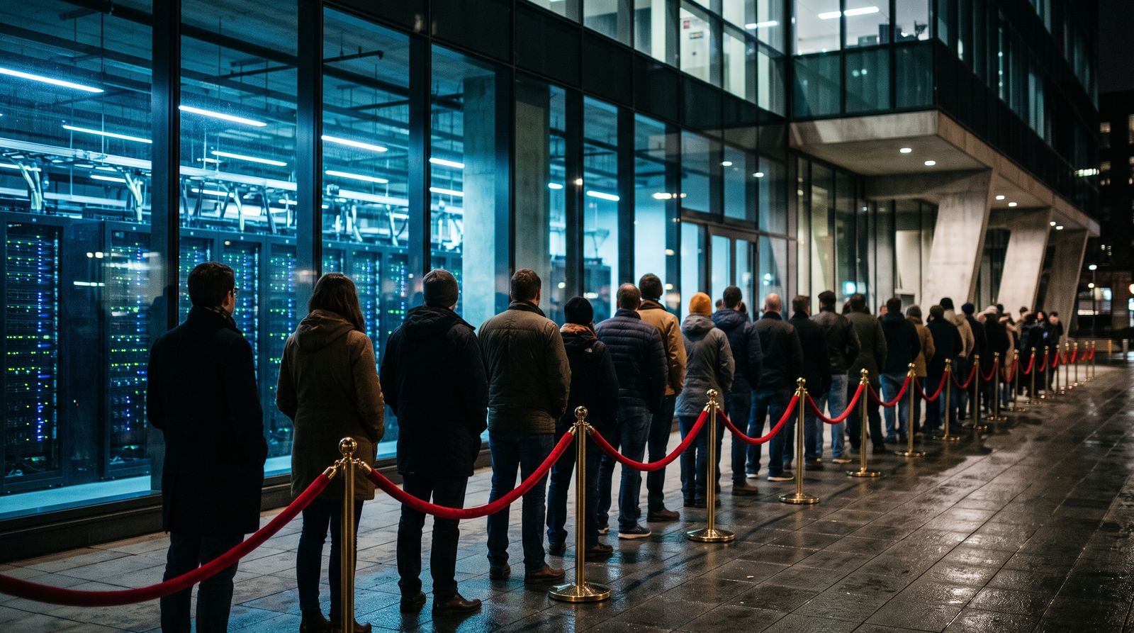 Queue of people behind a red rope outside a glowing data center at night
