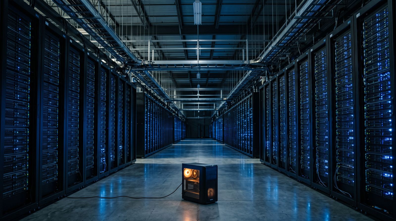 A single small desktop computer on the floor of a vast data center hall lined with server racks