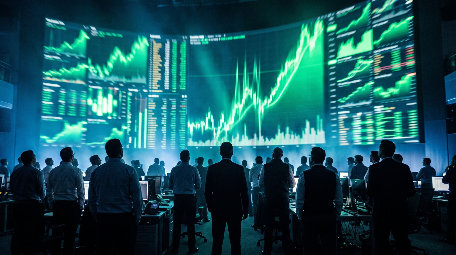 Silhouetted traders watch a wall of screens showing a steep rally