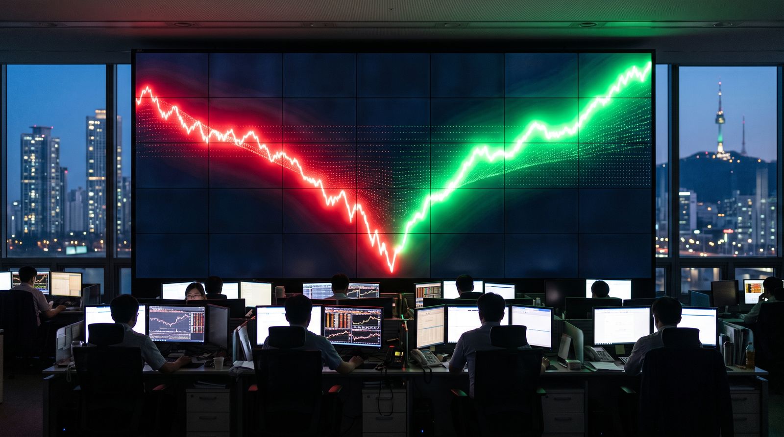 Traders before a wall of screens showing a plunge and sharp rebound