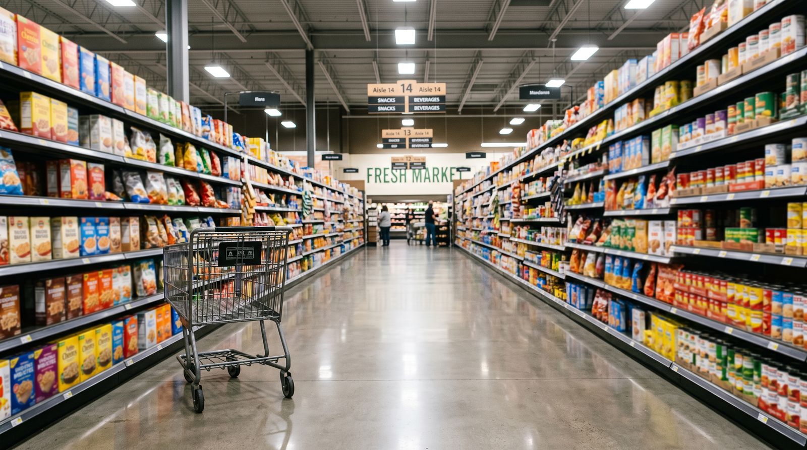 A long aisle inside a large modern supermarket with well-stocked shelves and a shopping cart in the foreground