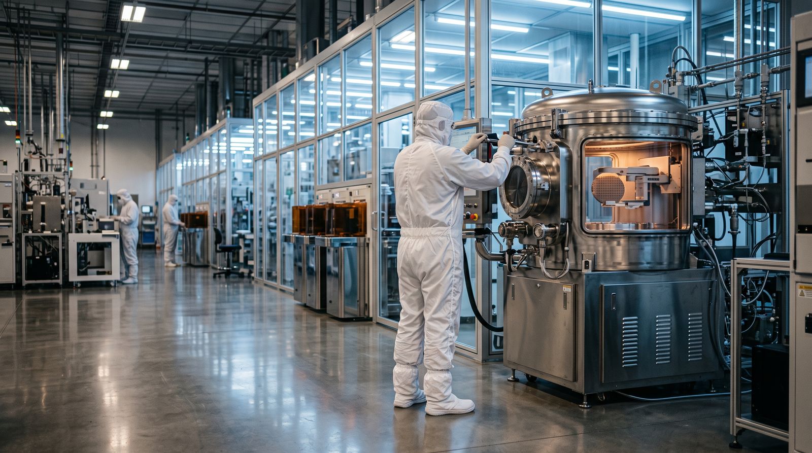 Technician in a white cleanroom suit beside stainless-steel wafer processing chambers on a semiconductor equipment factory floor