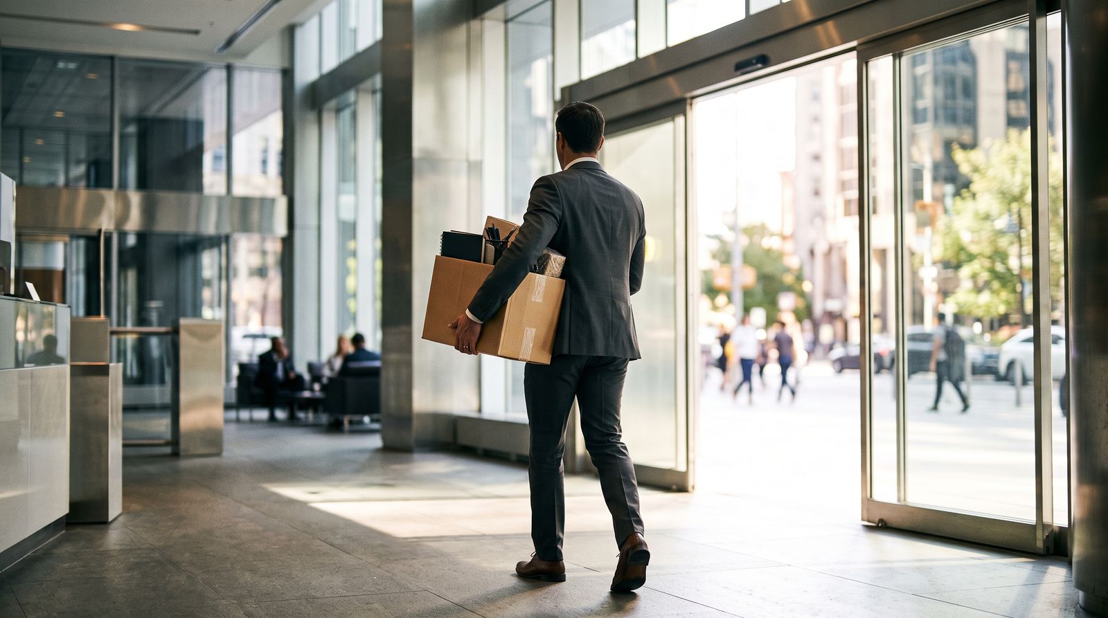 Professional carrying a box out of an office lobby into daylight