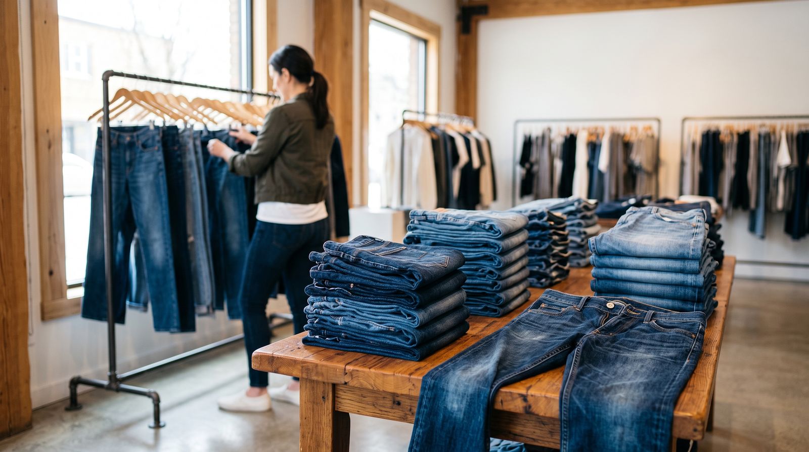 Folded blue denim jeans stacked on a display table in a bright apparel store, with an anonymous shopper browsing in the background