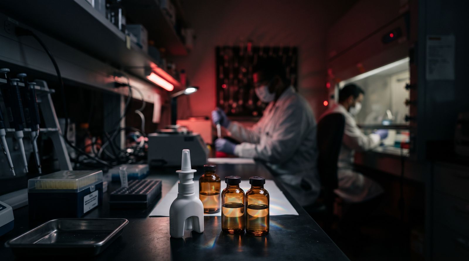 Nasal spray device and glass vials on a laboratory bench with a researcher in the background