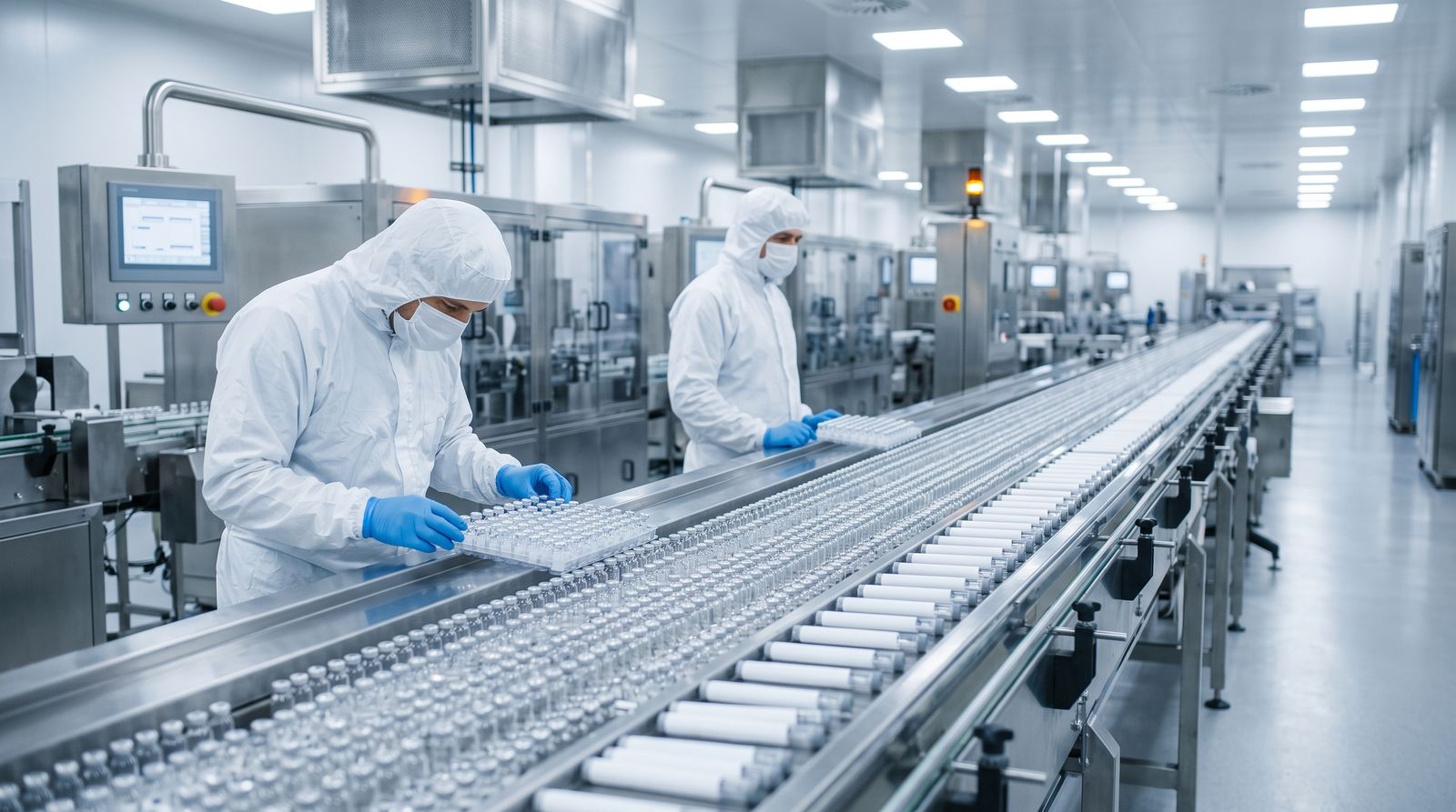 Rows of unbranded vials and injector pens moving along a stainless steel pharmaceutical production line in a cleanroom