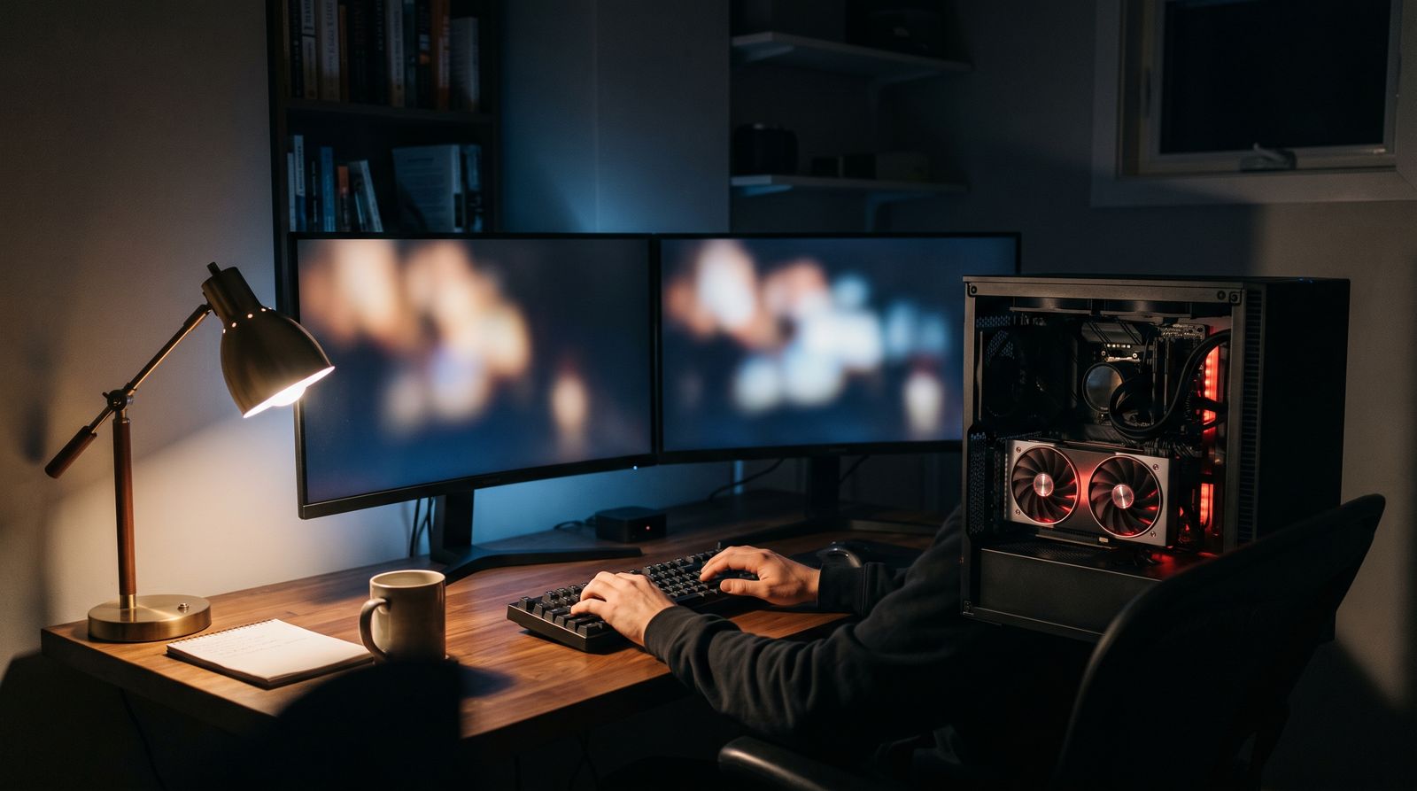 A desktop computer with a visible graphics card on a home office desk at night