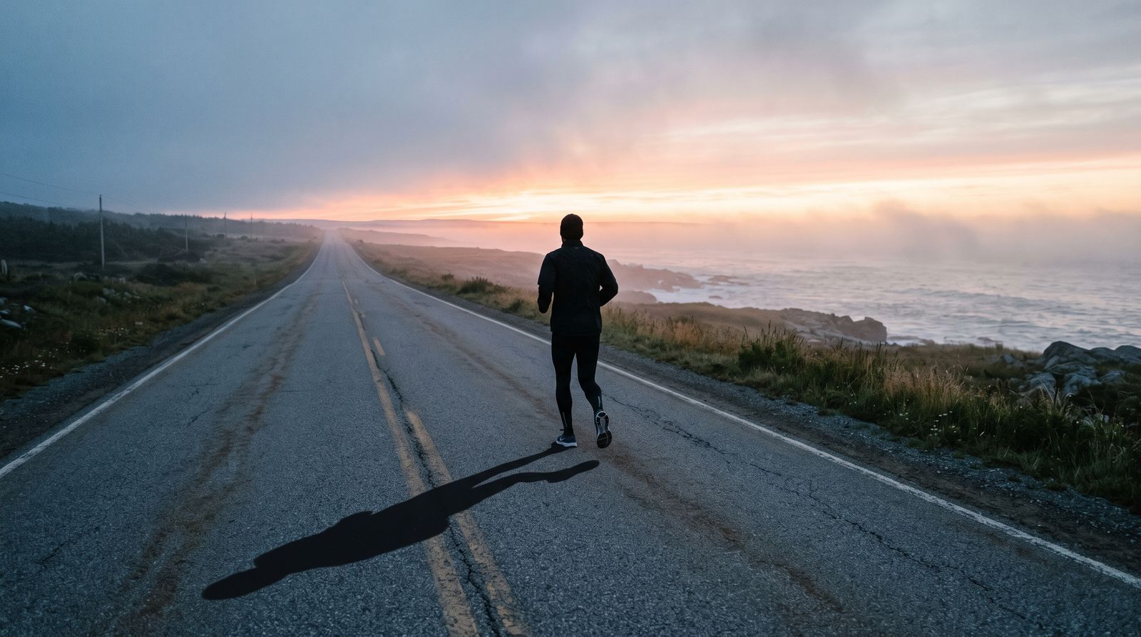 Lone runner on a long empty coastal road at dawn, horizon far in the distance