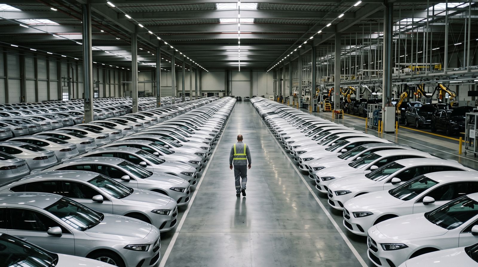 Rows of finished vehicles stored on a quiet factory floor