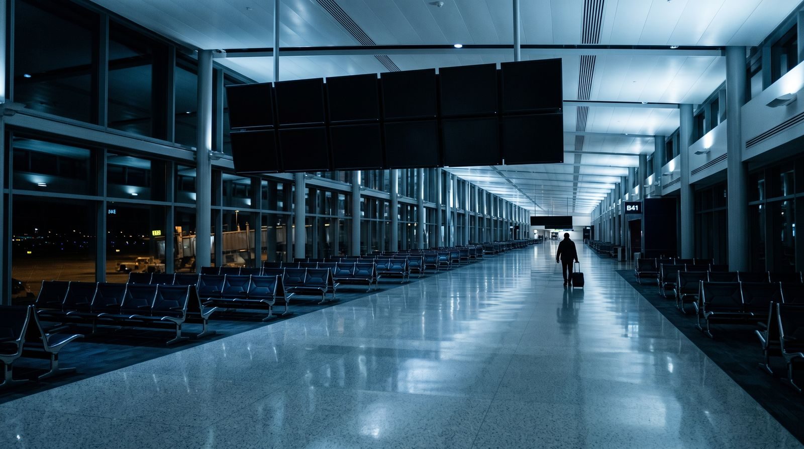 An empty airport terminal at night with blank display screens