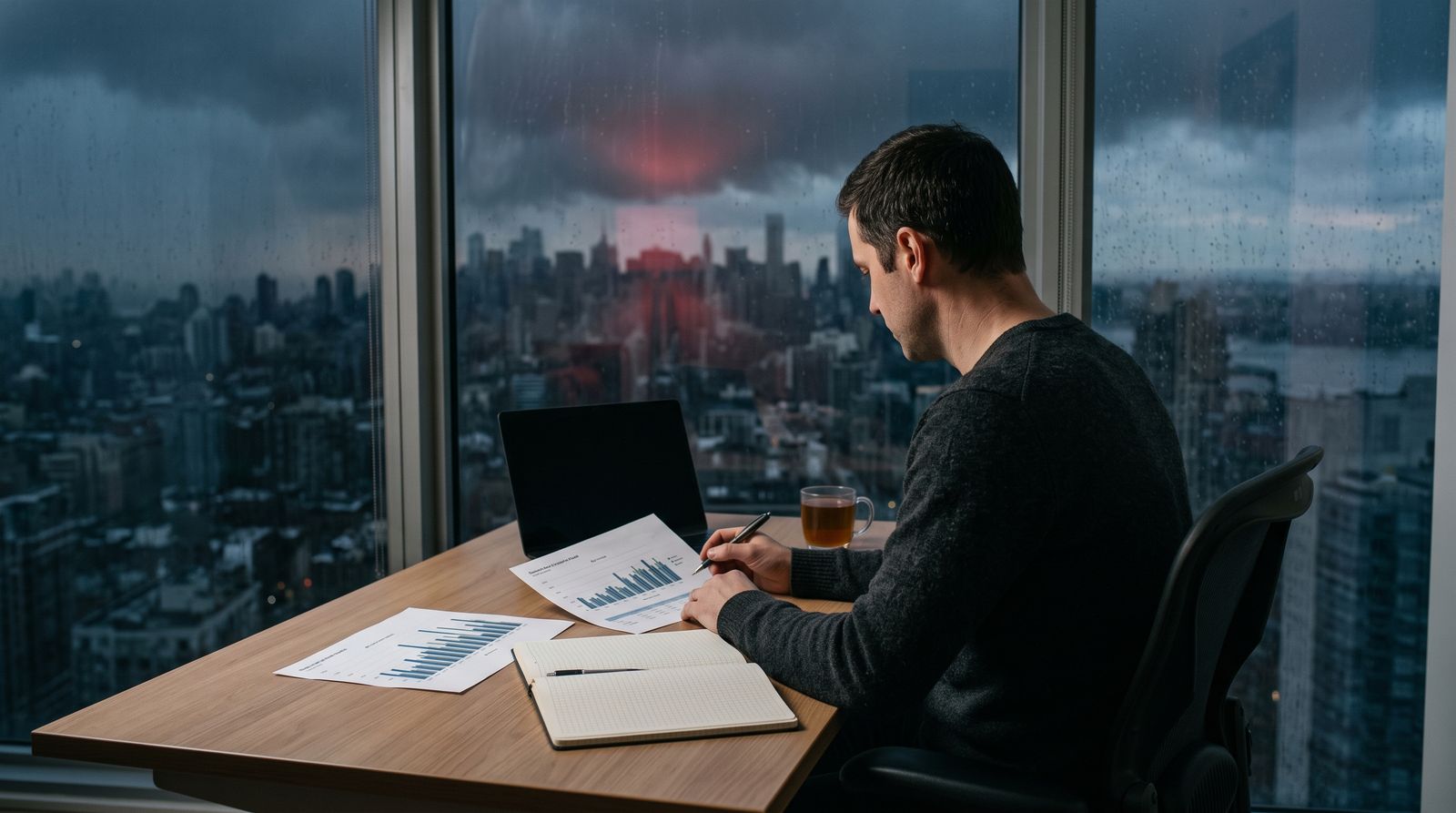 A composed investor reviews charts calmly at a desk as a storm darkens the city skyline behind them