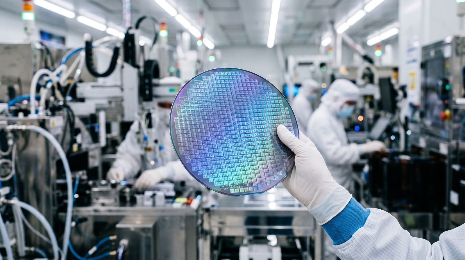 Gloved hands holding an iridescent silicon wafer in a cleanroom