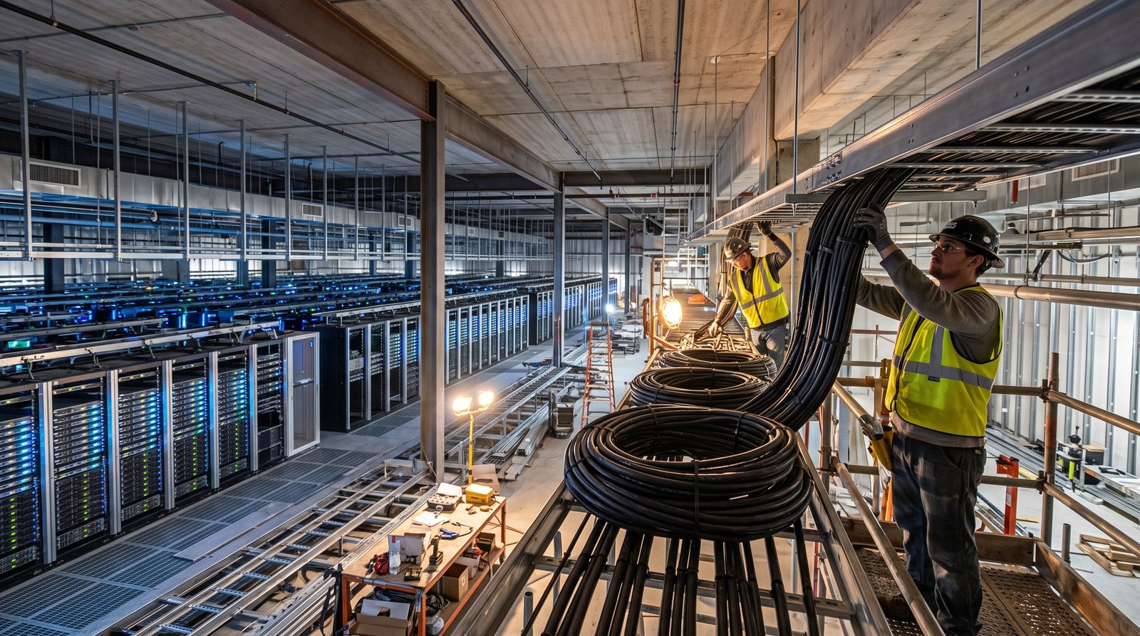 Electrical workers in hard hats routing power cables and busway inside a large data center under construction