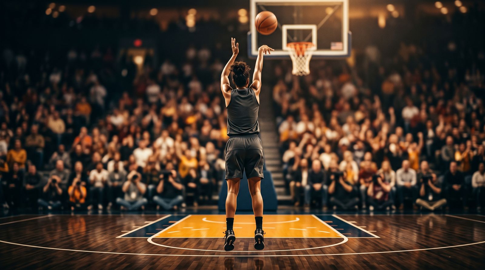 Anonymous basketball player releasing a long-range jump shot in a packed arena