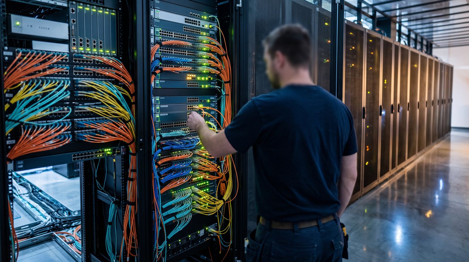 Network switches and fiber-optic patch cables in a data center rack