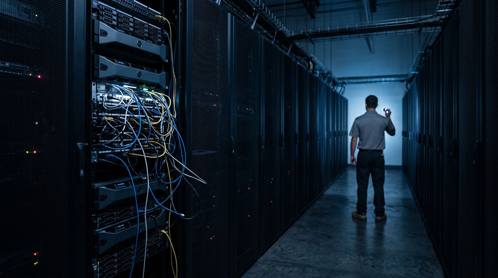 An open server rack in a dark data center aisle with loose network cables exposed