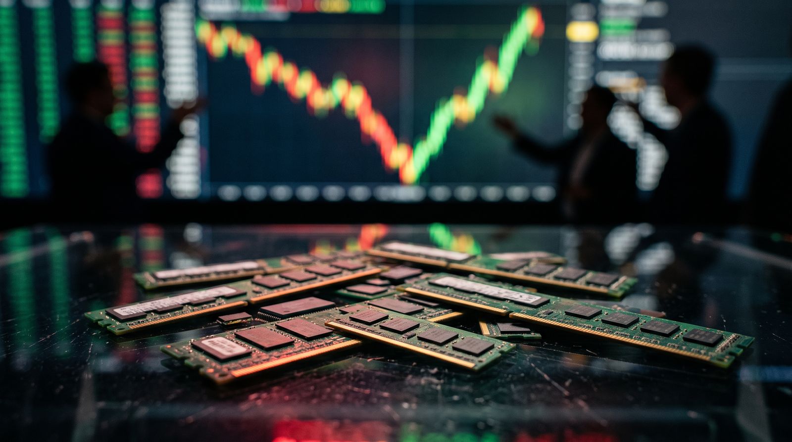 Memory chips on a trading desk with a V-shaped market chart on screens behind