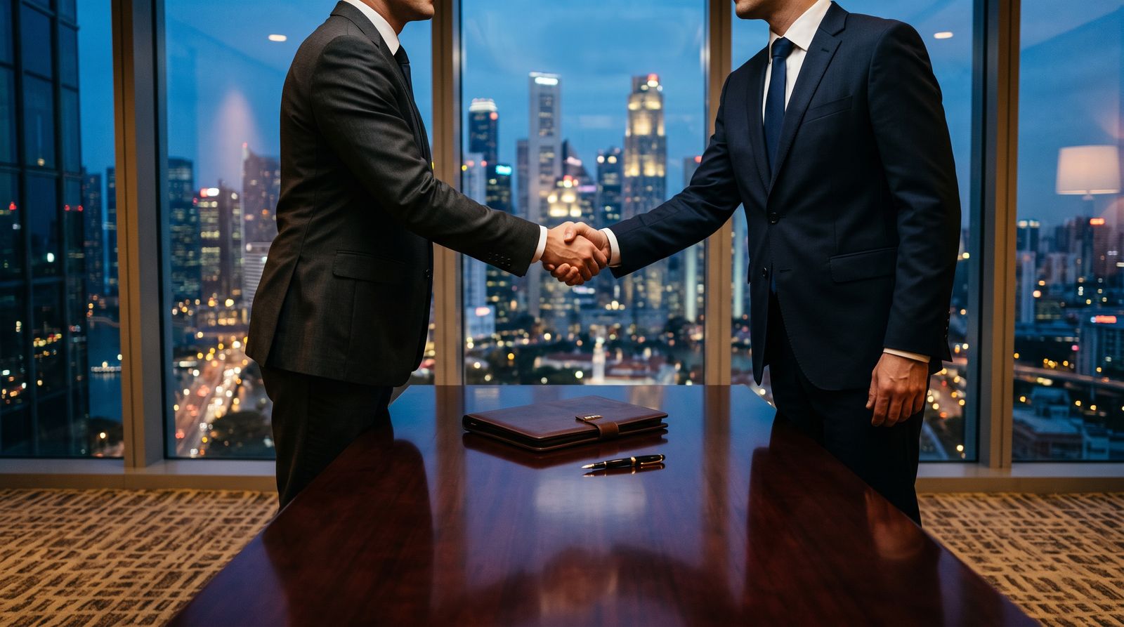 Two anonymous executives in dark suits shaking hands across a polished boardroom table, a financial-district skyline glowing through the windows behind them
