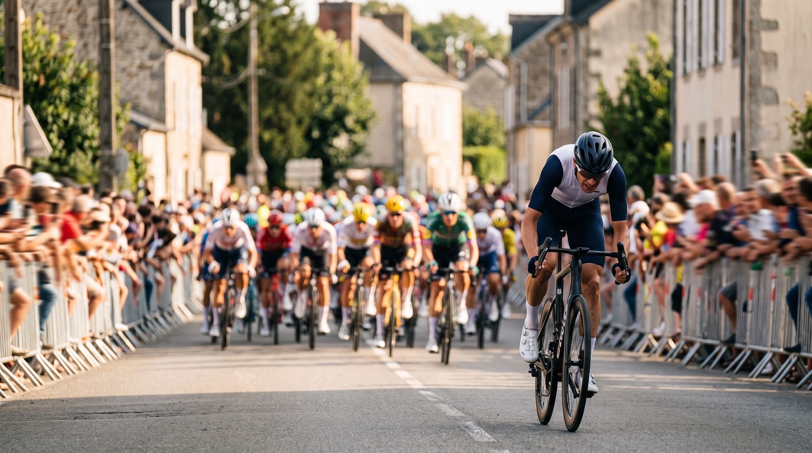 Road cyclist sprinting clear of a blurred peloton at a town finish line