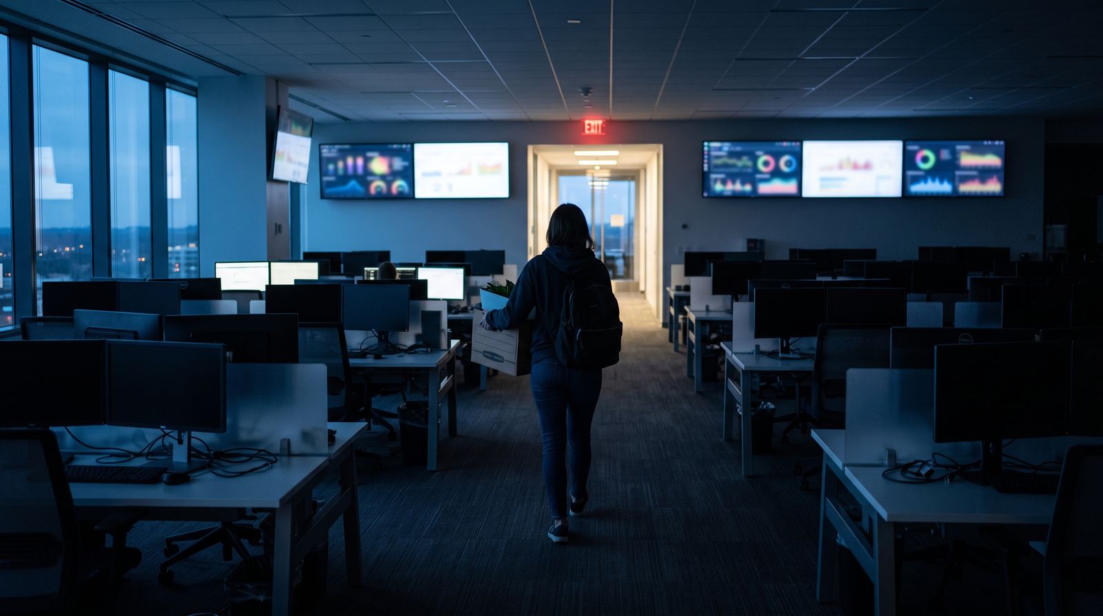 Employee carrying a box of belongings through a dim office past glowing data dashboards
