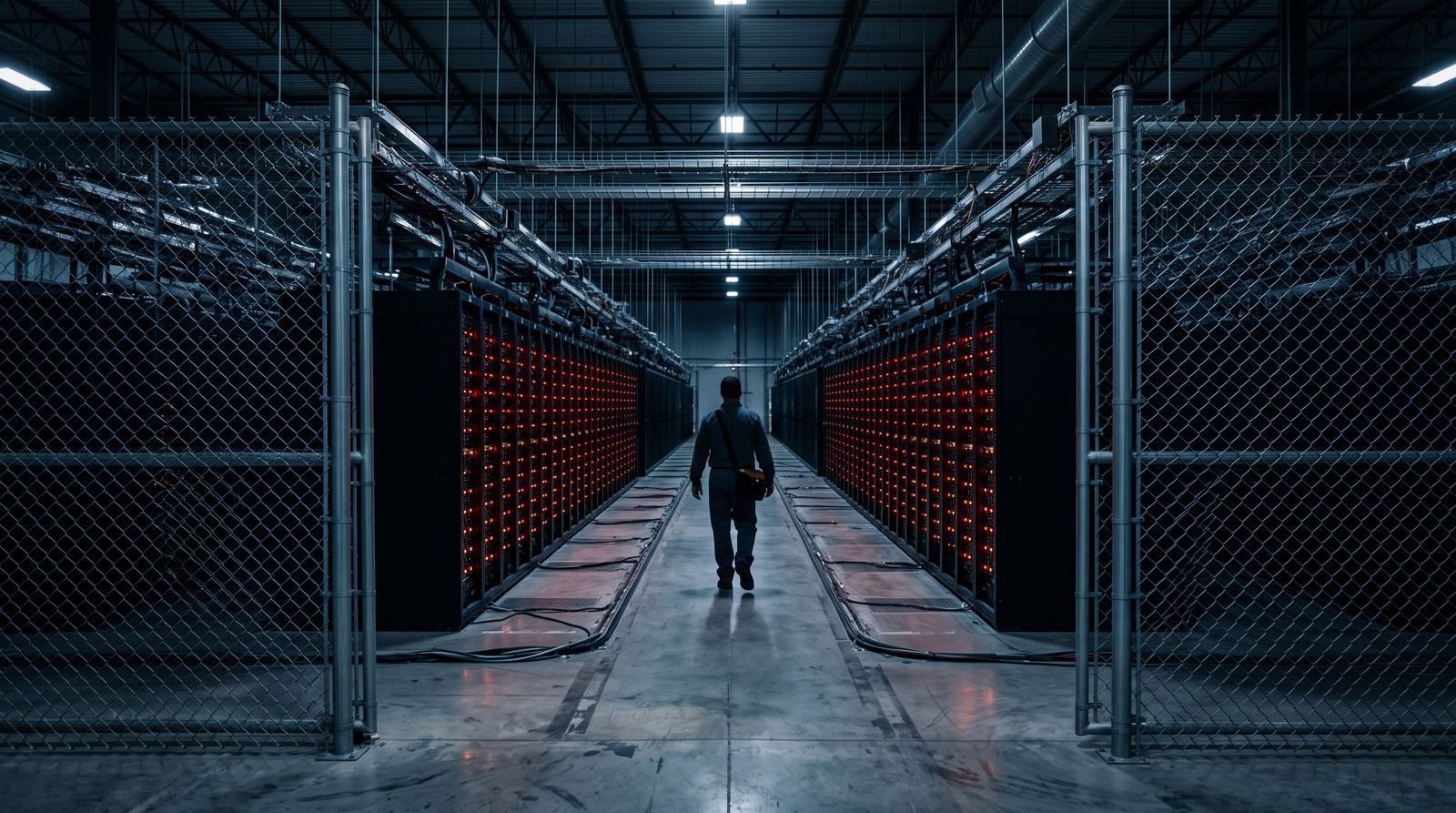 Open security gate leading into an endless data center aisle of glowing server racks
