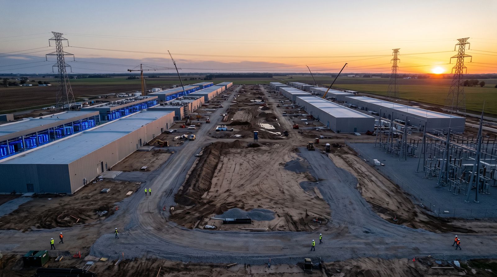 Aerial view of a sprawling AI data center under construction at dusk with electrical substations and transmission towers