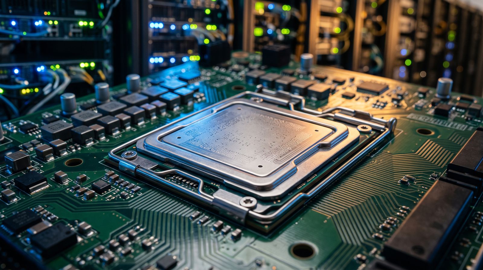 Close-up of a custom AI accelerator chip on a circuit board with data-center server racks blurred behind it