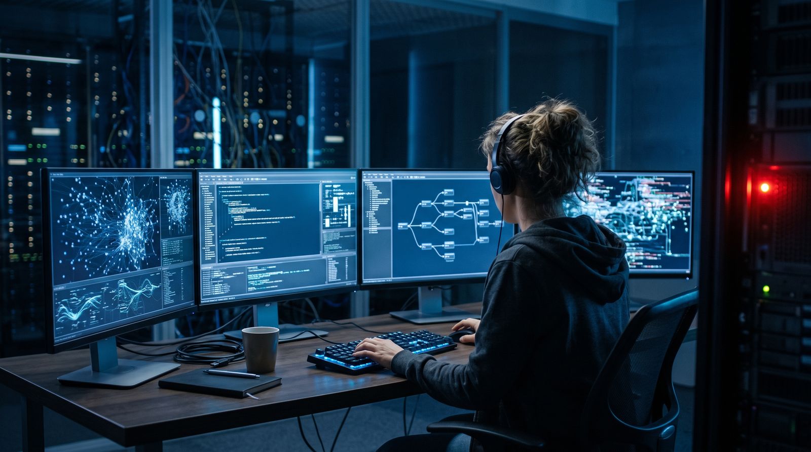 A developer at a bank of glowing monitors showing branching networks of parallel software agents
