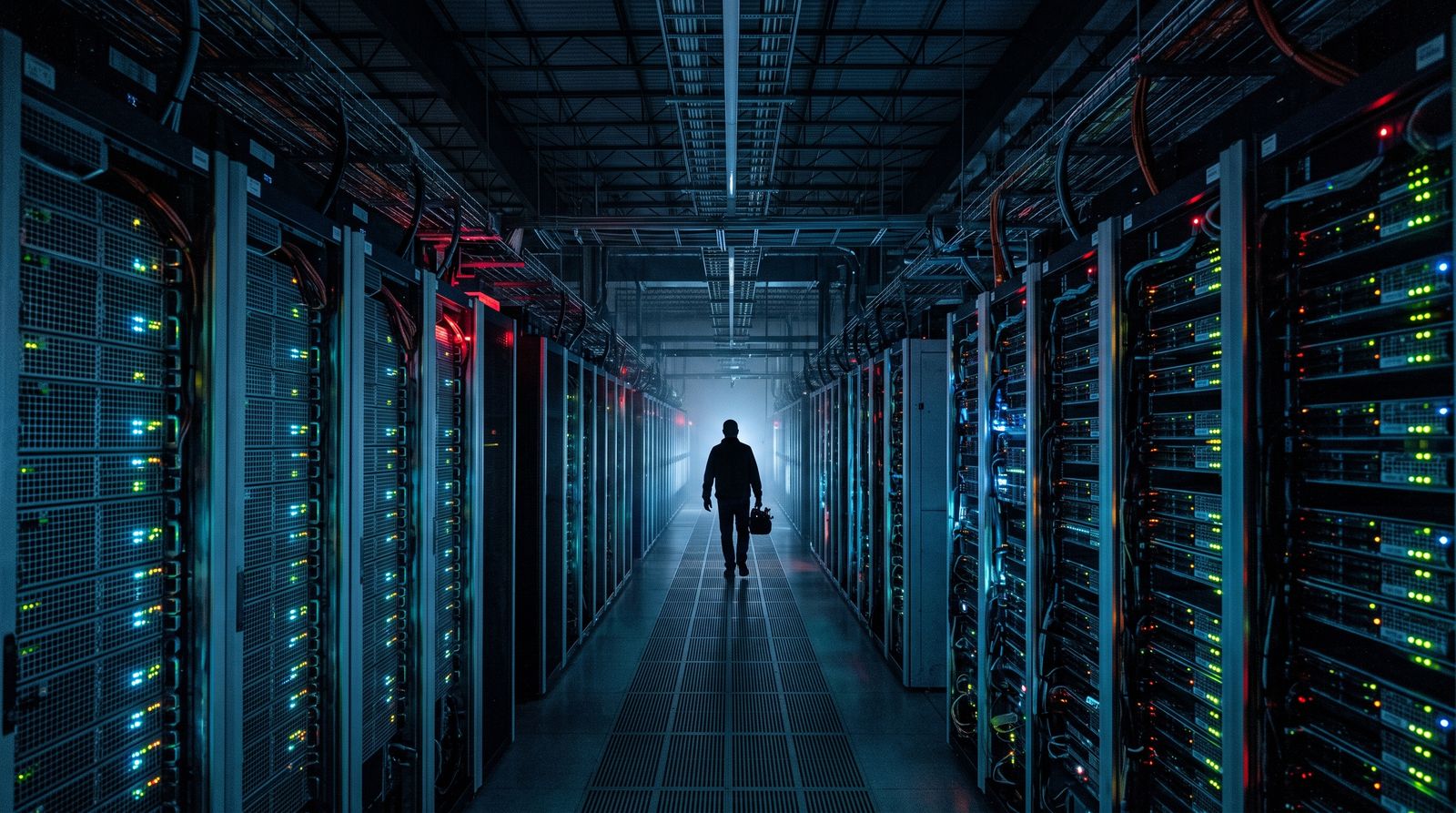 Engineer dwarfed by endless server racks in a massive data center
