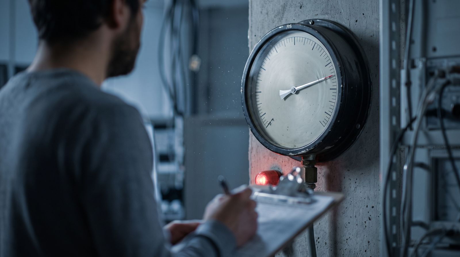 An analog gauge needle pinned far past the end of a blank scale in a dim lab