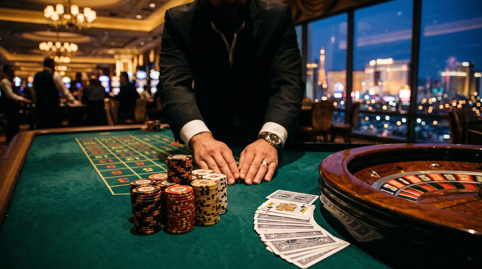 Stacks of casino chips and playing cards on green felt beside a roulette wheel, with a glittering Las Vegas-style resort skyline glowing through windows at dusk
