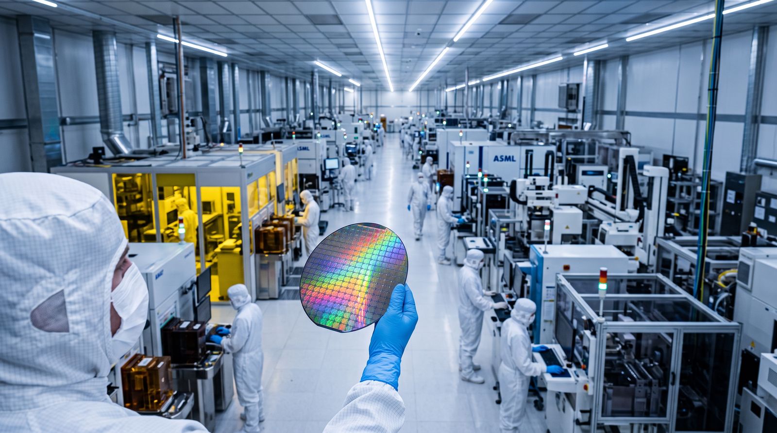Technicians in cleanroom suits inside a semiconductor fabrication plant