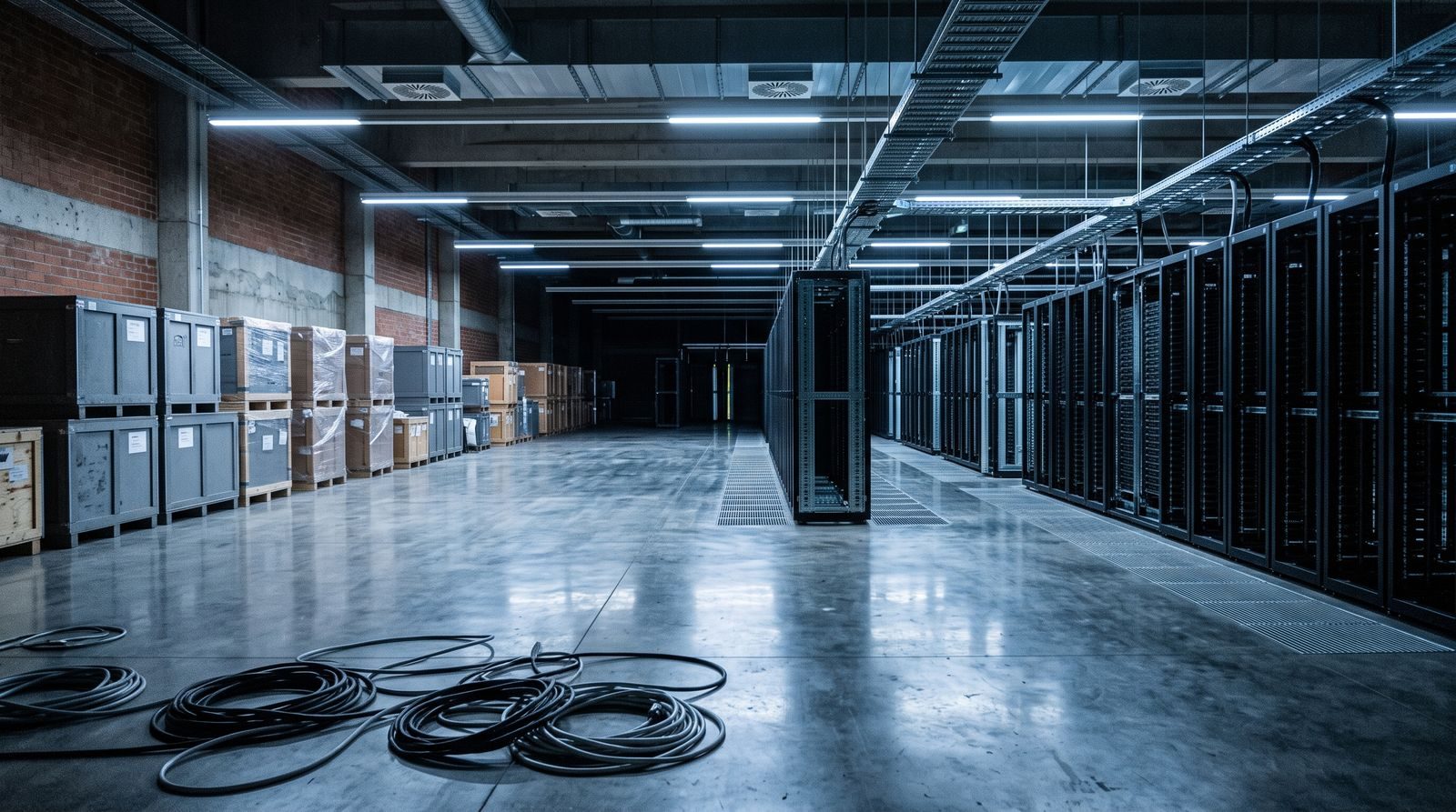 Empty server racks and crated equipment in a partially built data centre hall